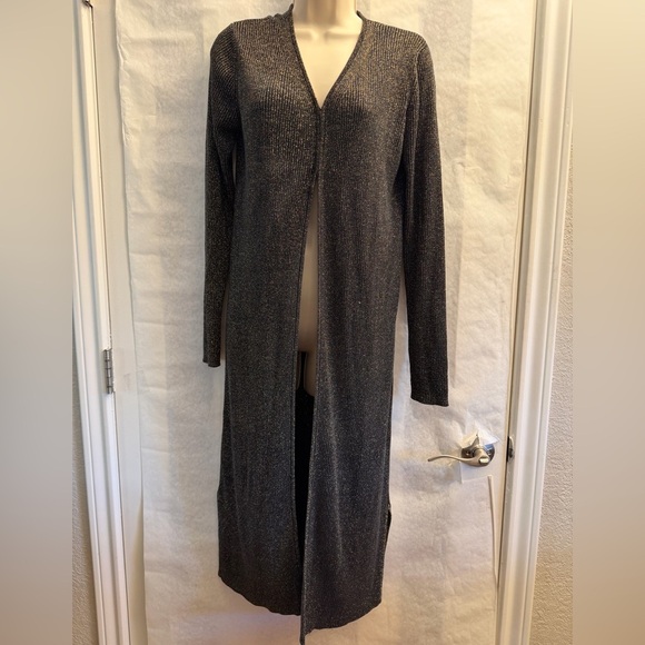 Rafaella Longline Women's Black & Gold Metallic Silk blend Cardigan Sz-L. DD12 - Picture 2 of 12